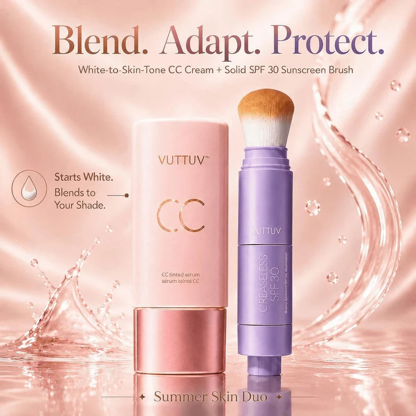 VUTTUV Summer Skin Essentials Set — CC Serum  Solid SPF 30 Sunscreen Brush