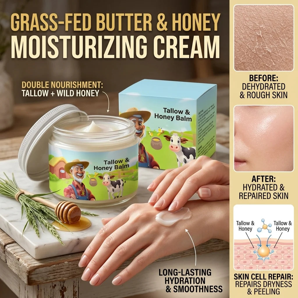 🌟 GRASS-FED TALLOW & HONEY MOISTURIZING BALM 🧈🍯 5346519 🧈 Ultra-Rich Multi-Effect Repair Cream for Face & Body 🍯 One jar replaces your entire moisturizer routine